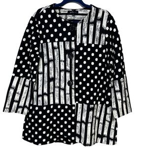 Yushi Black Cream Woven Knit Button Jacket Lagenlook Artsy Polka Dot Stripes L